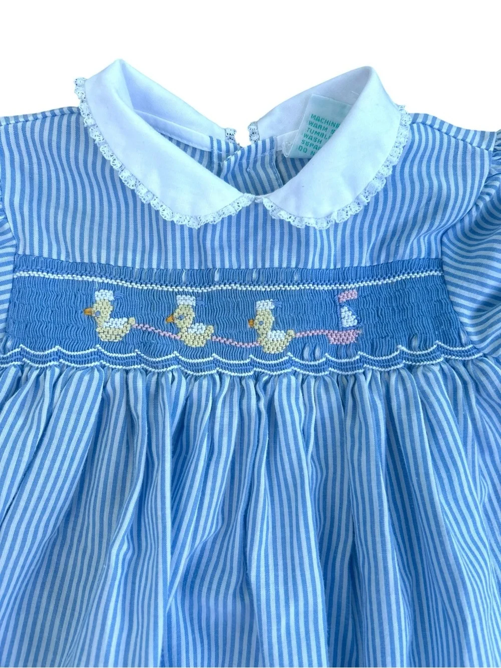 Vintage Baby Girl Blue Smocked Dress Embroidered Ducks 12 Mos Alison Scott 80s